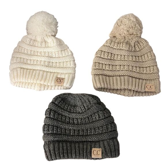 CC kids beanies. White Pom beanie, tan Pom beanie, gray beanie - Picture 1 of 7